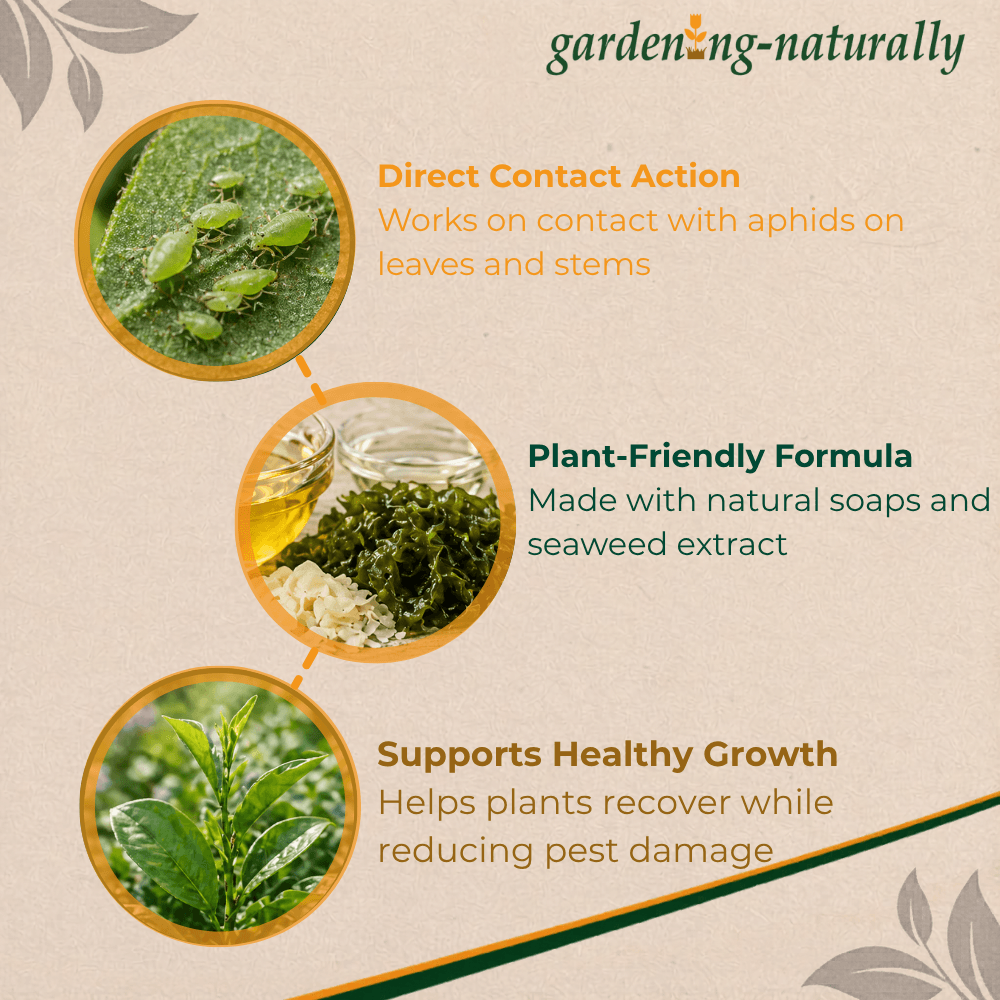 Gardening Naturally product description with images of plants and text on a beige background.