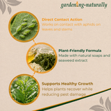 Gardening Naturally product description with images of plants and text on a beige background.