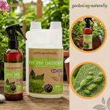 Gardening Naturally aphid spray and concentrate on a wooden surface with plants in the background.