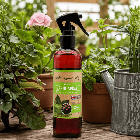 Bottle of aphid spray with plants in the background