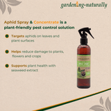 Aphid spray bottle with product details on a beige background