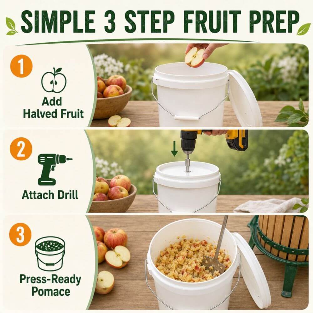 A three-step fruit prep infographic showing a white plastic bucket being used to collect halved fruit, juice, and pomace. The top banner reads 'SIMPLE 3 STEP FRUIT PREP'.