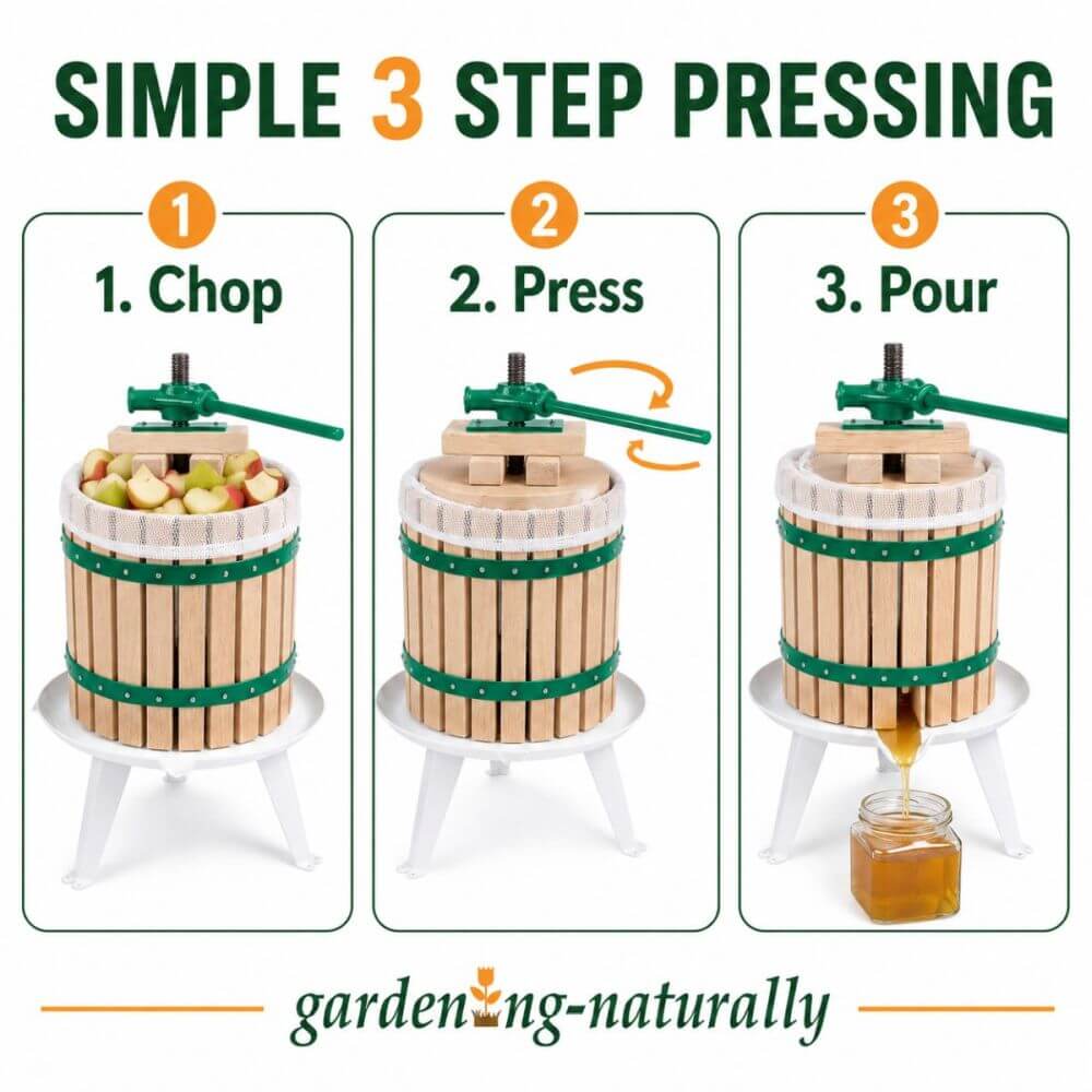 Instructional graphic showing a wooden press with green handles in three labeled steps: 1. Chop, 2.
