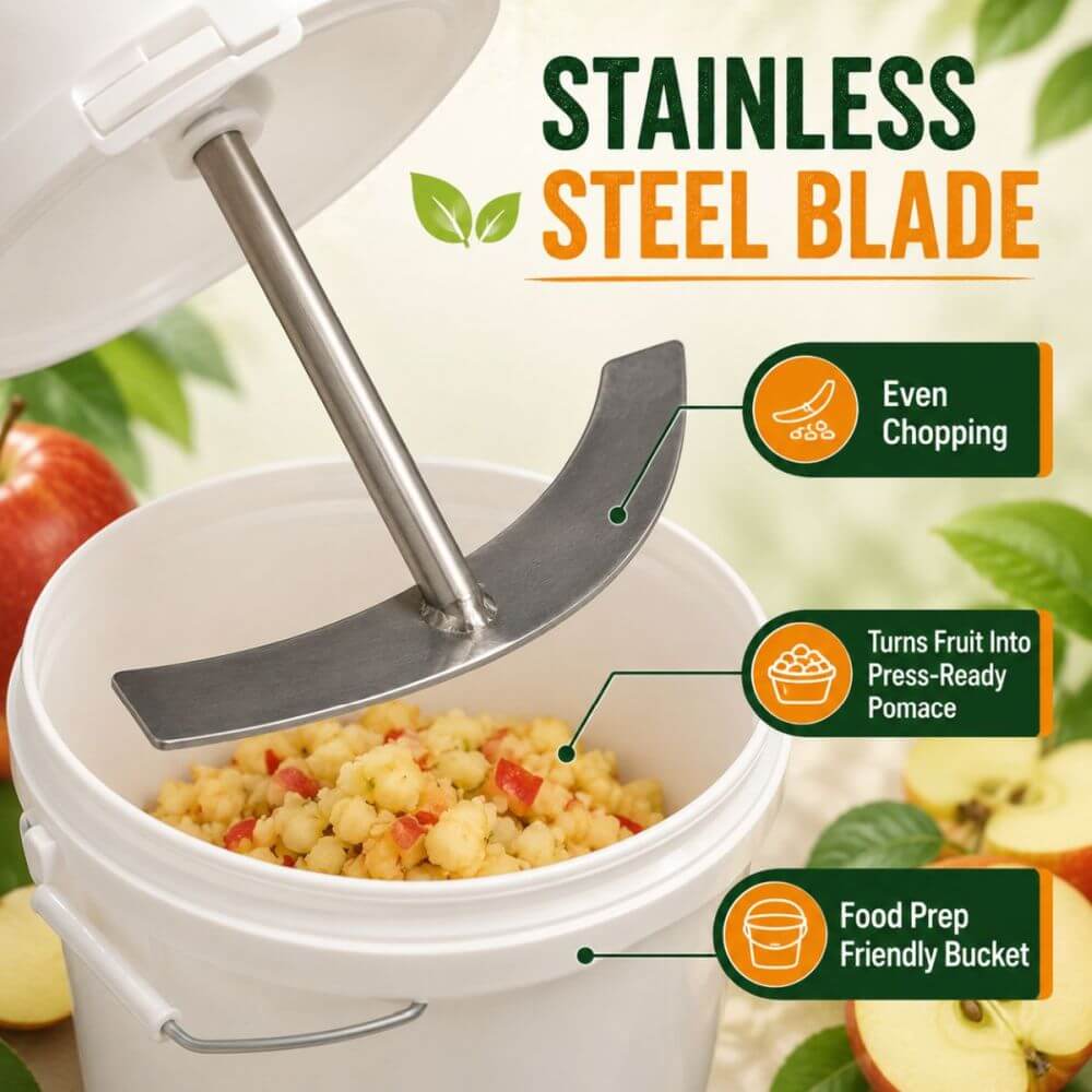 A white food prep bucket with a stainless steel blade attachment shown in use, with text callouts reading 'STAINLESS STEEL BLADE,' 'Even Chopping,' 'Turns Fruit Into Press-Ready Pomace,' and 'Food Prep Friendly Bucket.' Apples and green leaves are visible in the background as styled props.