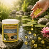 Hand pouring barley straw balls into a pond with a jar labeled 'gardening-naturally' in the foreground.