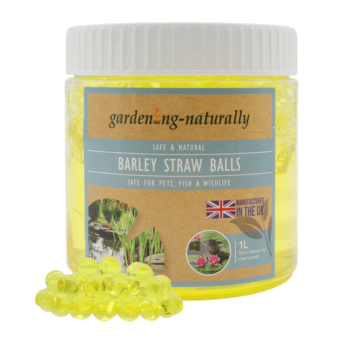 A 1L jar of Gardening naturally Barley Straw Balls for pets, fish, and wildlife, shown with several translucent yellow balls in front of the white-lidded container on a white background.