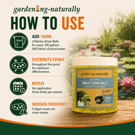 Gardening Naturally Barley Straw Balls packaging with usage instructions on a pond background