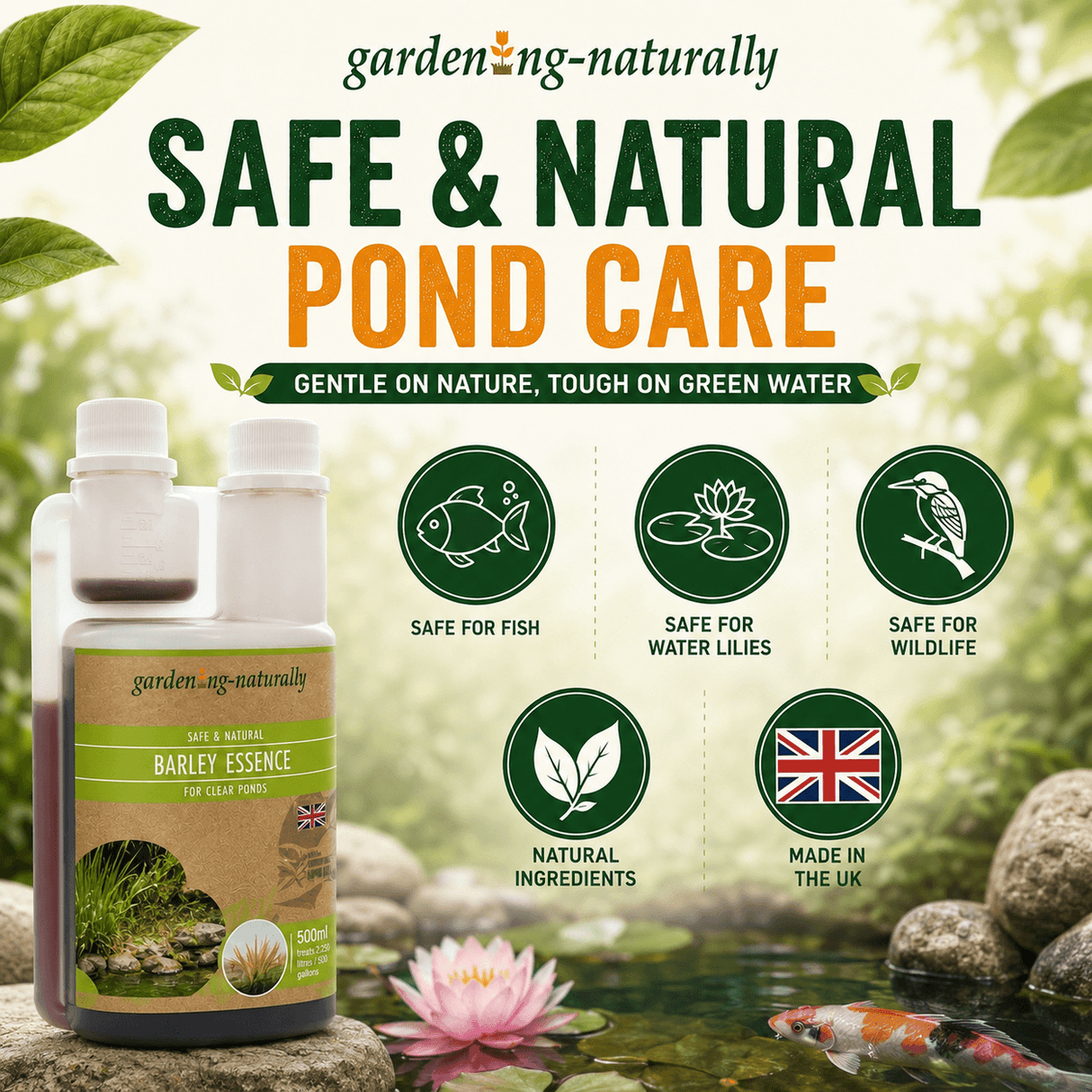 Gardening-Naturally safe and natural pond care product with pond scene and icons.