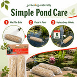 Gardening naturally Simple Pond Care kit showing three bamboo mulch bags, step-by-step pond application instructions, and a pond scene with the bags placed in water.