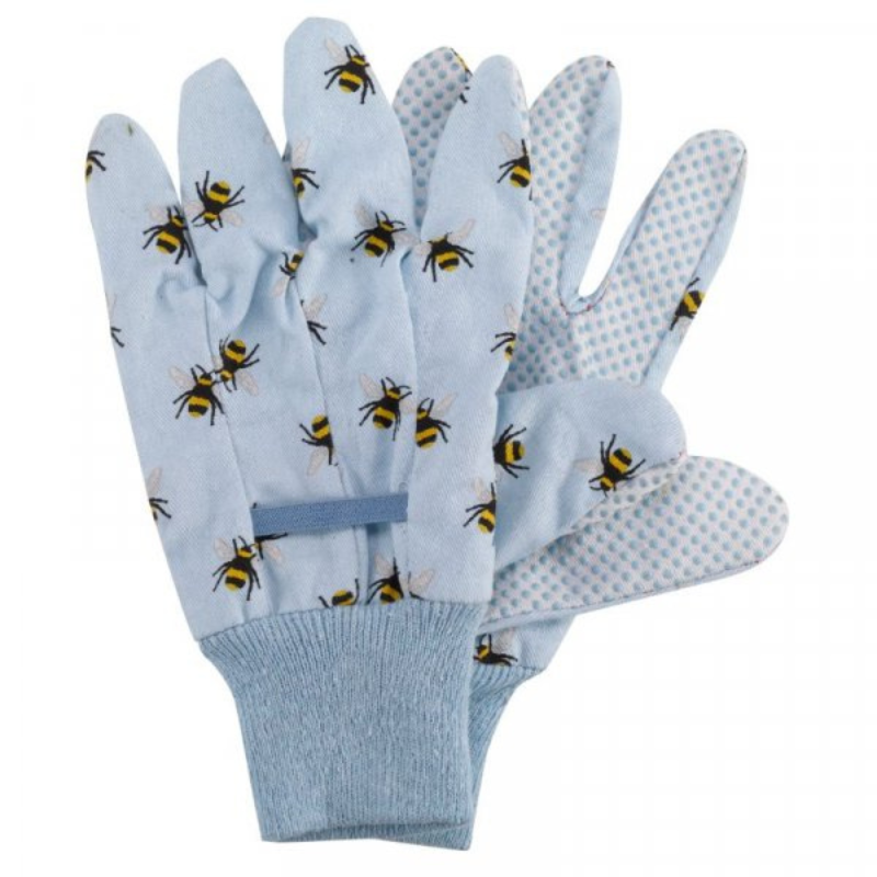 A person gardening wearing gardening gloves with a bee design