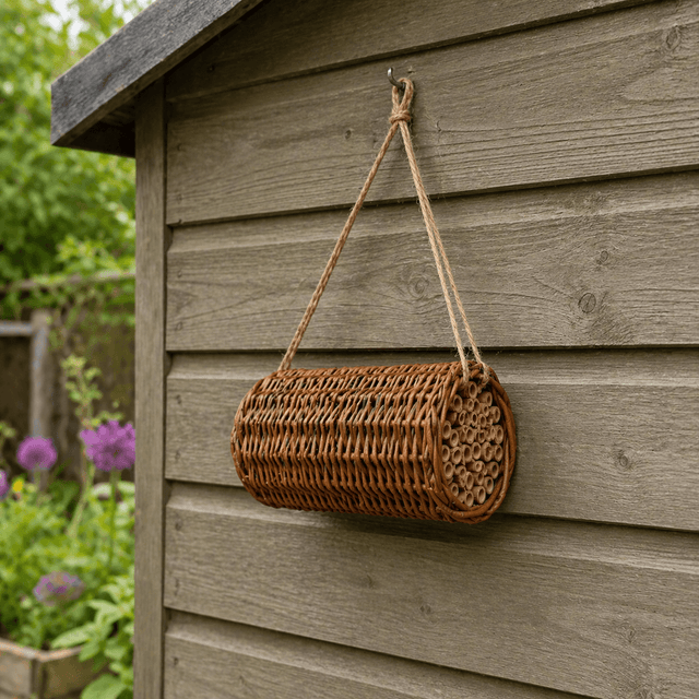 bee hotel hanging on a wooden shed wall with garden in the background