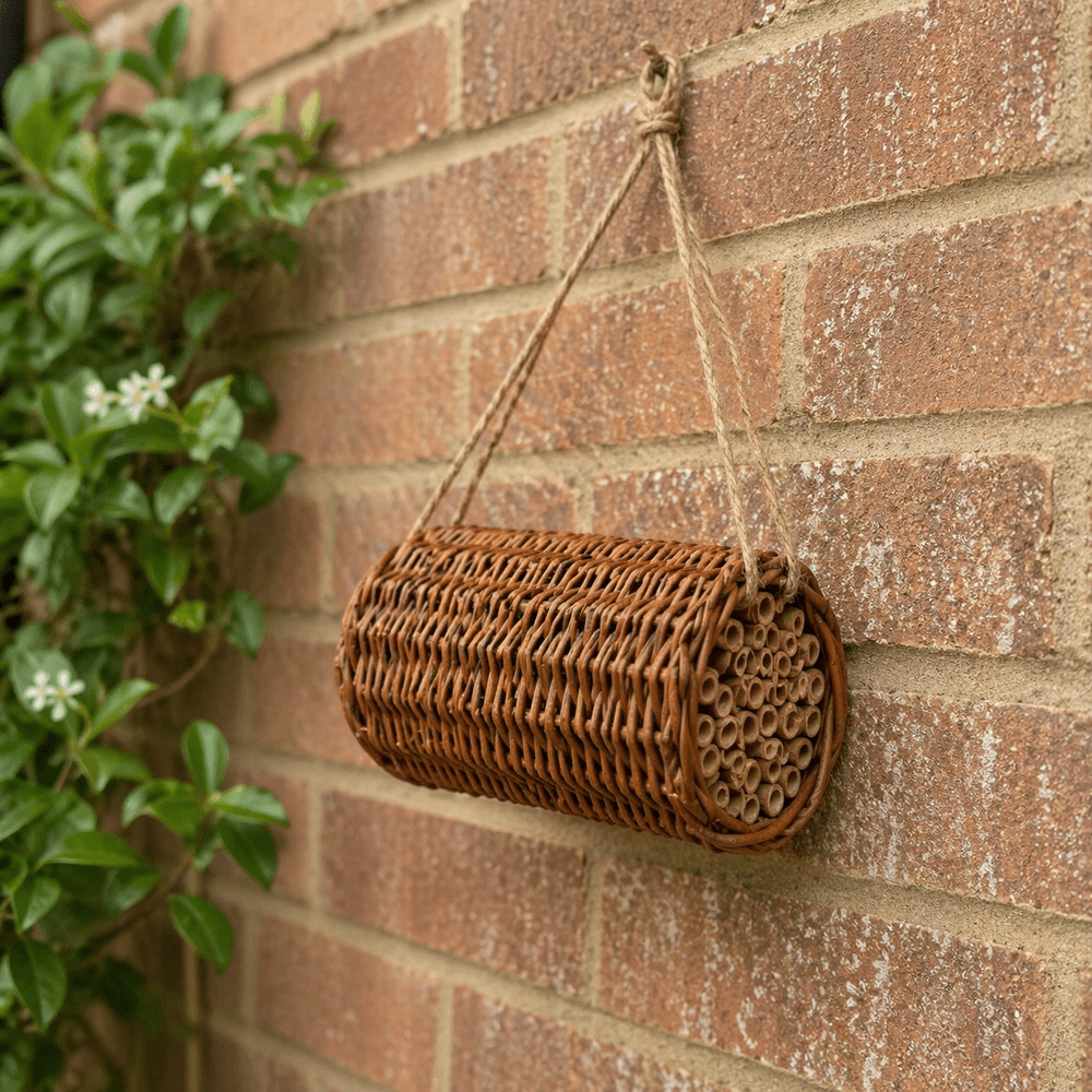 bee hotel hanging on a brick wall with plants nearby