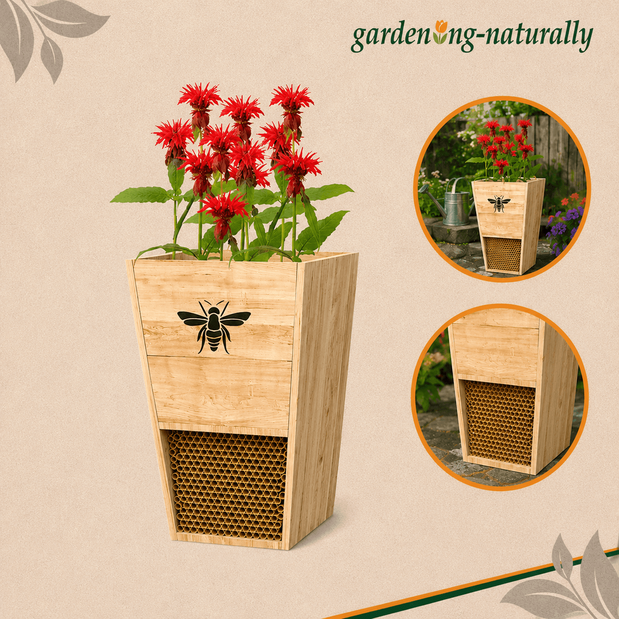 Wooden bee hotel planter with red flowers and bee design, featuring 'gardening-naturally' branding.