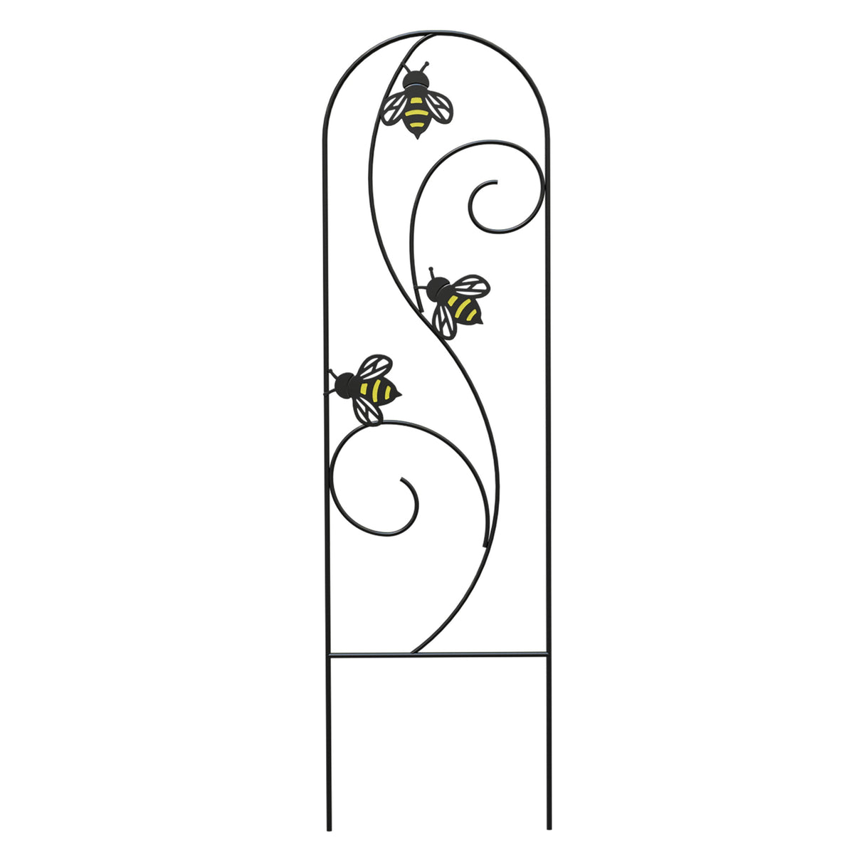 A black metal plant pot trellis with yellow accents and bee silhouettes on it