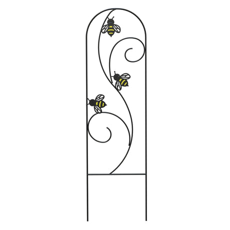 A black metal plant pot trellis with yellow accents and bee silhouettes on it