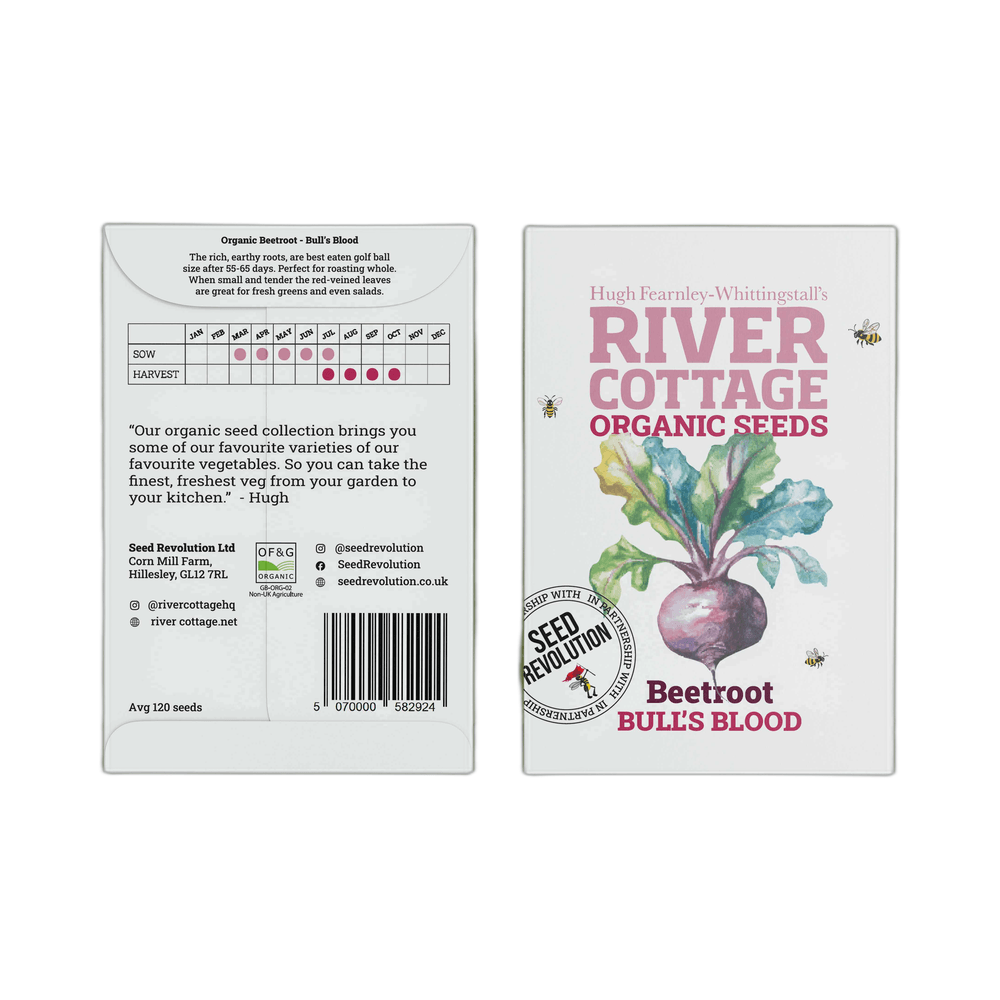 River Cottage Organic Seeds packaging for Beetroot Bull's Blood with branding and product details.