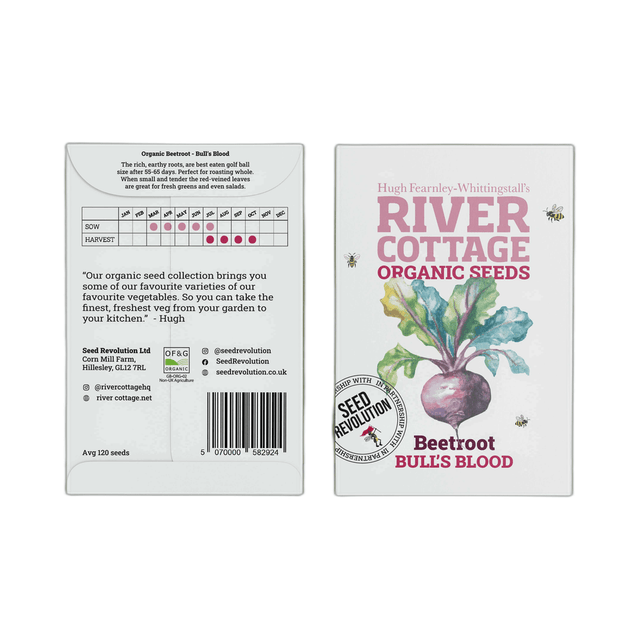 River Cottage Organic Seeds packaging for Beetroot Bull's Blood with branding and product details.