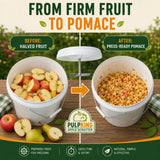Promotional graphic for a PulpKing Apple Scratter fruit press. Displaying halved apples on the left labeled 'Before' and pressed pulp on the right labeled 'After'.