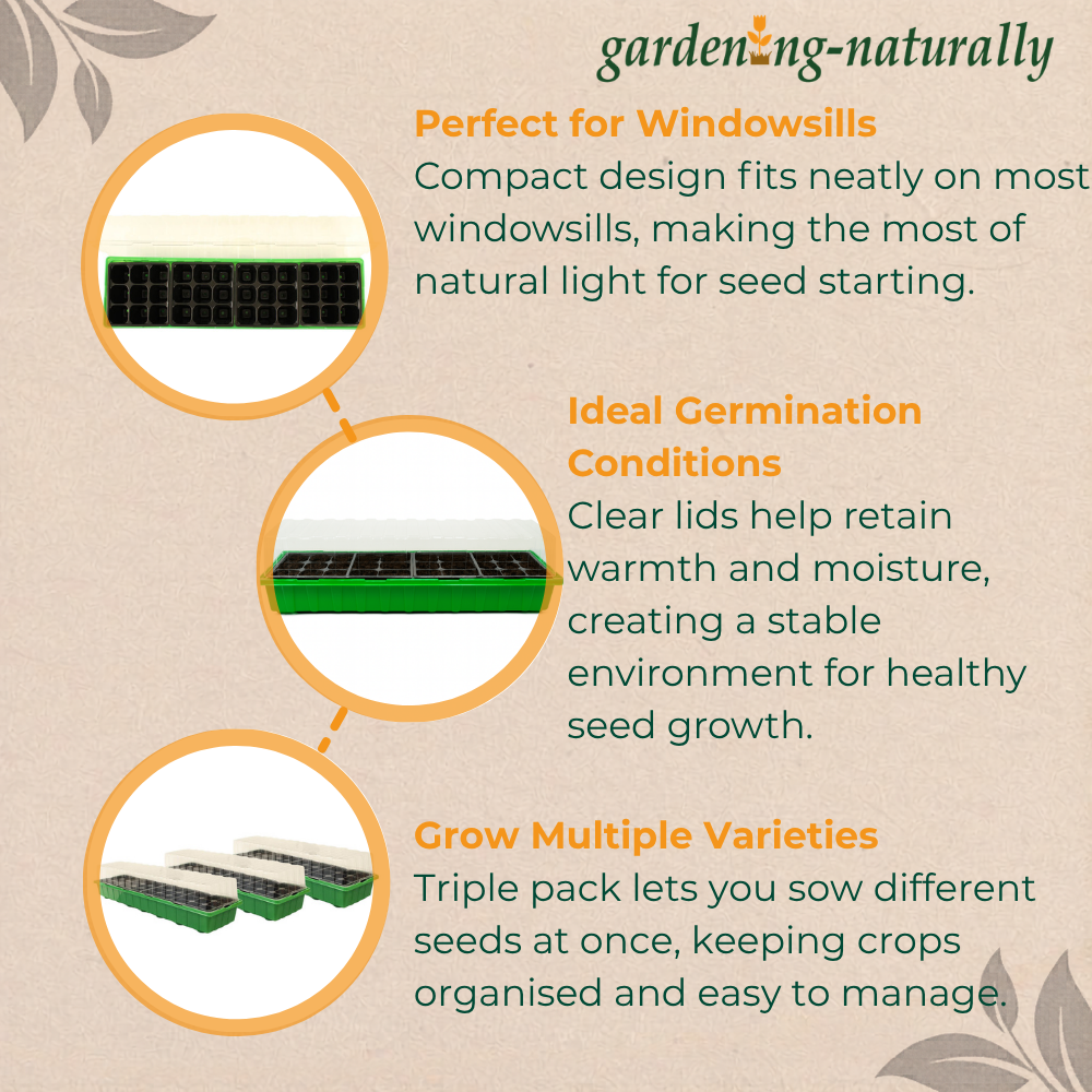 Gardening naturally seed starting trays with features highlighted on a beige background.