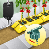 Illustration of a greenhouse drip watering system, showing a water reservoir bag, irrigation tube, and adjustable drippers placed under plants.