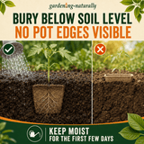 Promotional graphic for a buryable seed starter pot. The top text reads 'gardenng-naturally' and 'BURY BELOW SOIL LEVEL NO POT EDGES VISIBLE'.