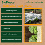 BioFleece plant-based frost fleece advertisement with features and usage examples on a brown background.