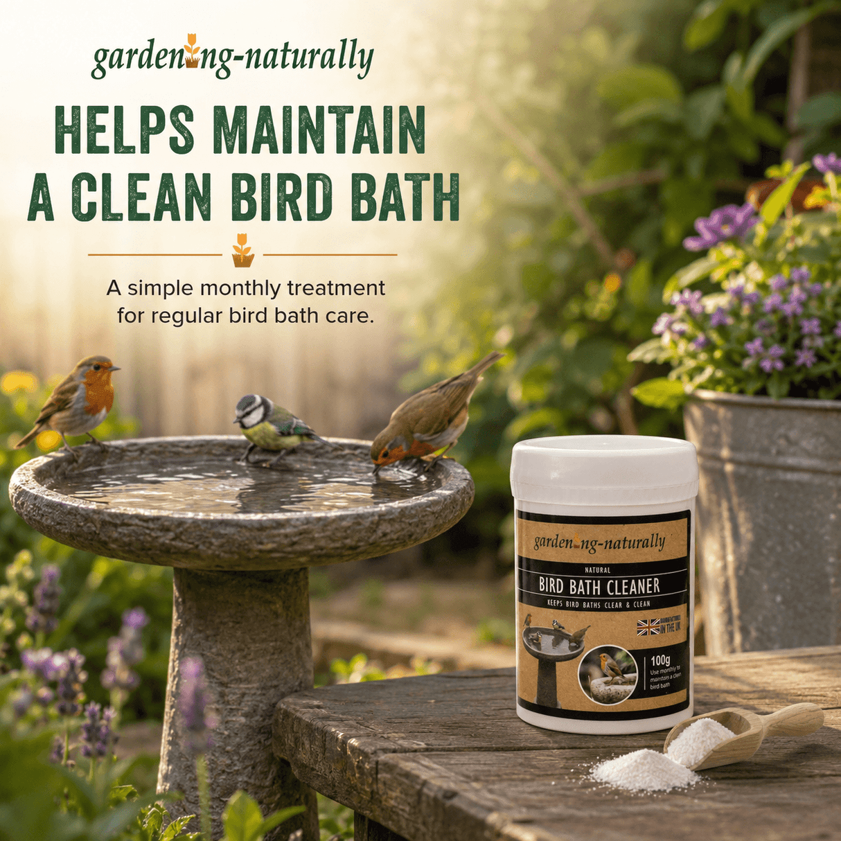 Garden bird bath cleaner jar displayed on a wooden table beside a stone birdbath with birds, in a sunny garden setting. Text at the top reads 'garden-ing-naturally HELPS MAINTAIN A CLEAN BIRD BATH'.