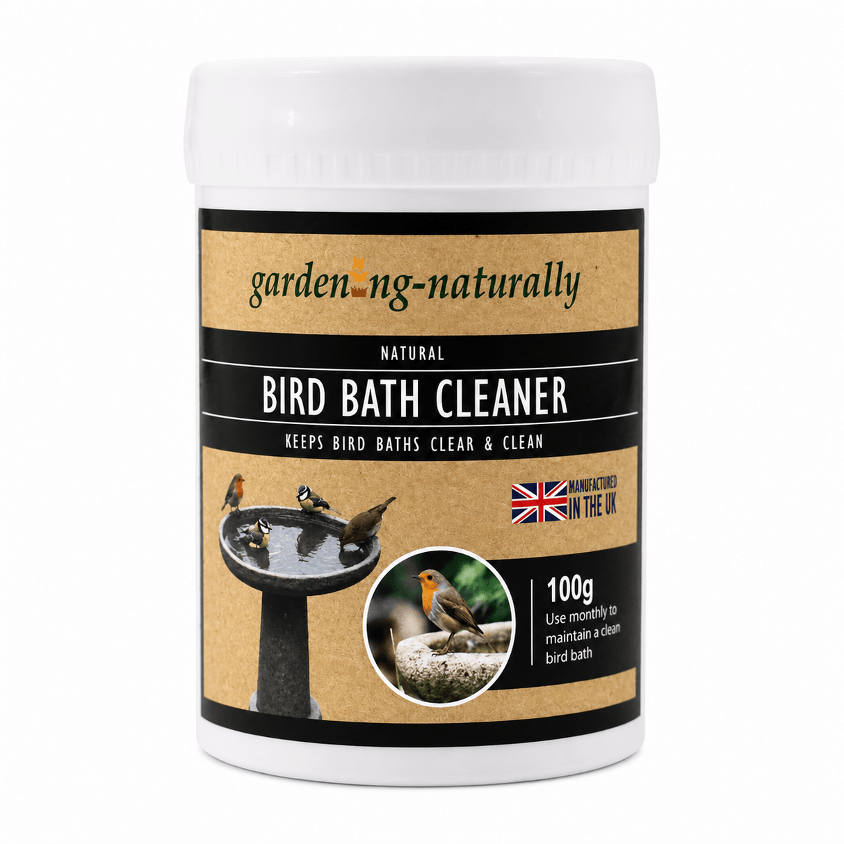 A white plastic tub of garden-ng-naturally Bird Bath Cleaner, 100g, featuring a brown kraft-paper style label with black text and images of birds at a birdbath.