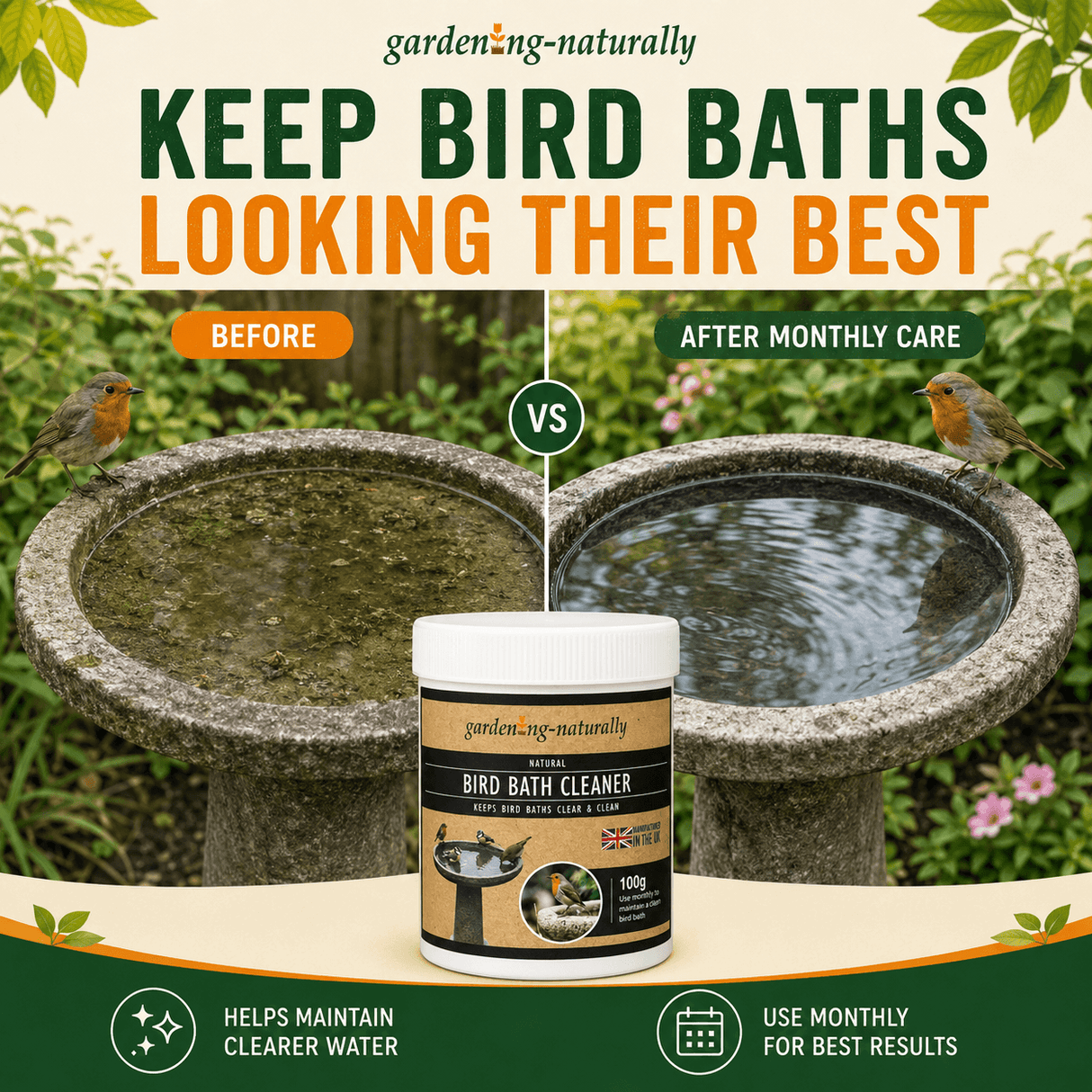 A product advertisement for gardenng-naturally Bird Bath Cleaner, showing a white tub of the cleaner centered in front of a split-screen 'Before' and 'After' comparison of a stone bird bath with and without cleaning.
