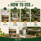 An infographic titled 'HOW TO USE' for garden-ng-naturally Bird Bath Cleaner, showing four numbered steps: 1 tsp/5g powder, mixing with 1.5L water, pouring into a bird bath, and repeating monthly.