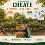 Advertisement for bird deterrent tape with before and after images of birds and garden setup.