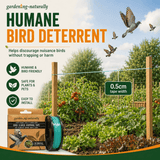 Gardening naturally humane bird deterrent product with garden scene and birds.