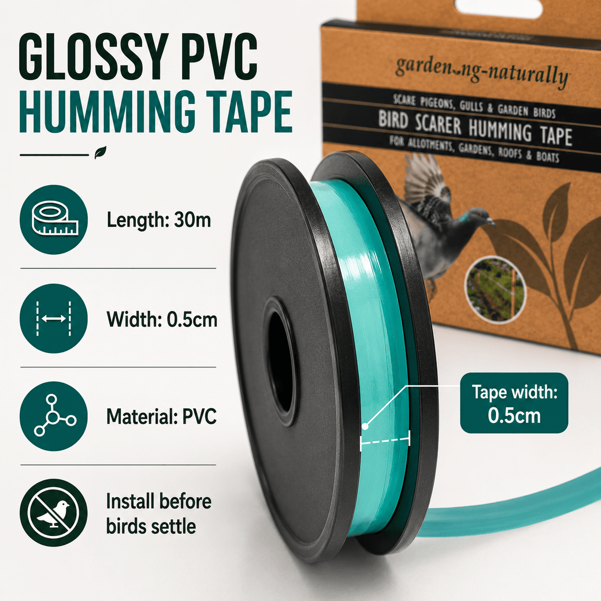 Glossy PVC humming tape with packaging and product details on a white background