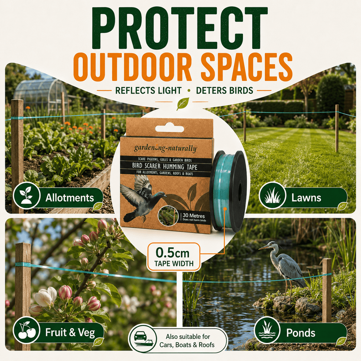 Bird scaring product packaging with text 'Protect Outdoor Spaces' and images of gardens, allotments, and ponds.