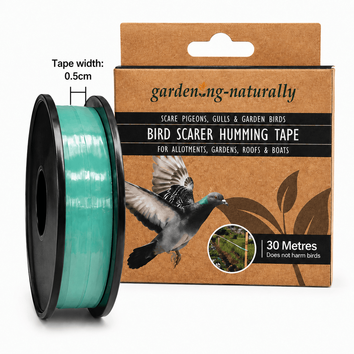Bird scarer humming tape with packaging on a white background