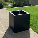Black cube planter on a garden path