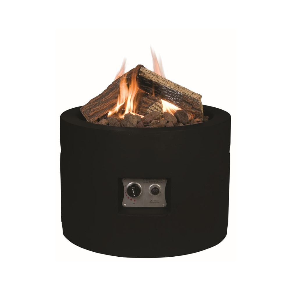 black cylindrical fire pit wit flames on white background
