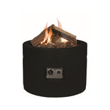 black cylindrical fire pit wit flames on white background