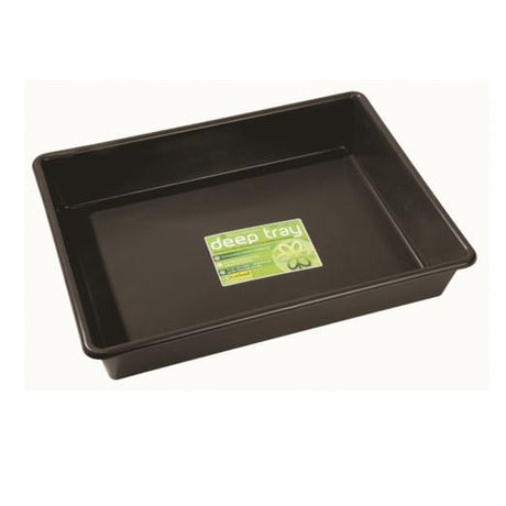 A black, deep multipurpose plastic tray with a label in the center that reads 'Deep Tray'.