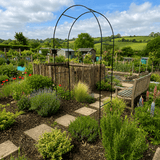 Garden with a wooden bench, metal arch, and various plants under a blue sky.