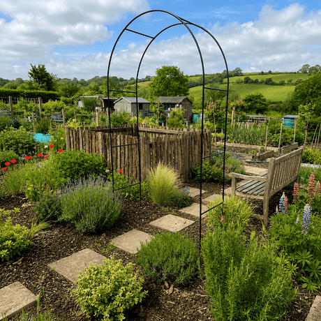 Garden with a wooden bench, metal arch, and various plants under a blue sky.