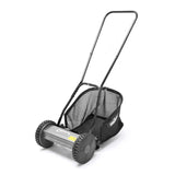 Small push along lawn mower shown with grass catching basket