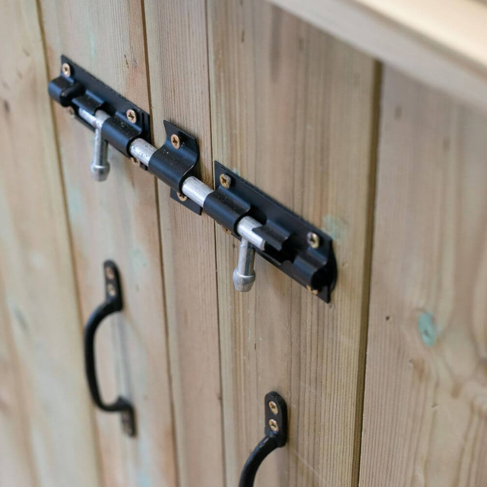 black and silver metal bolt lock on natural wooden box doors