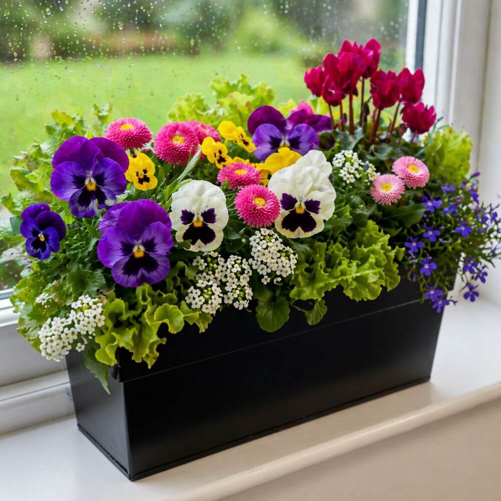 Colorful flower arrangement in a black container on a windowsill with a view of greenery outside.