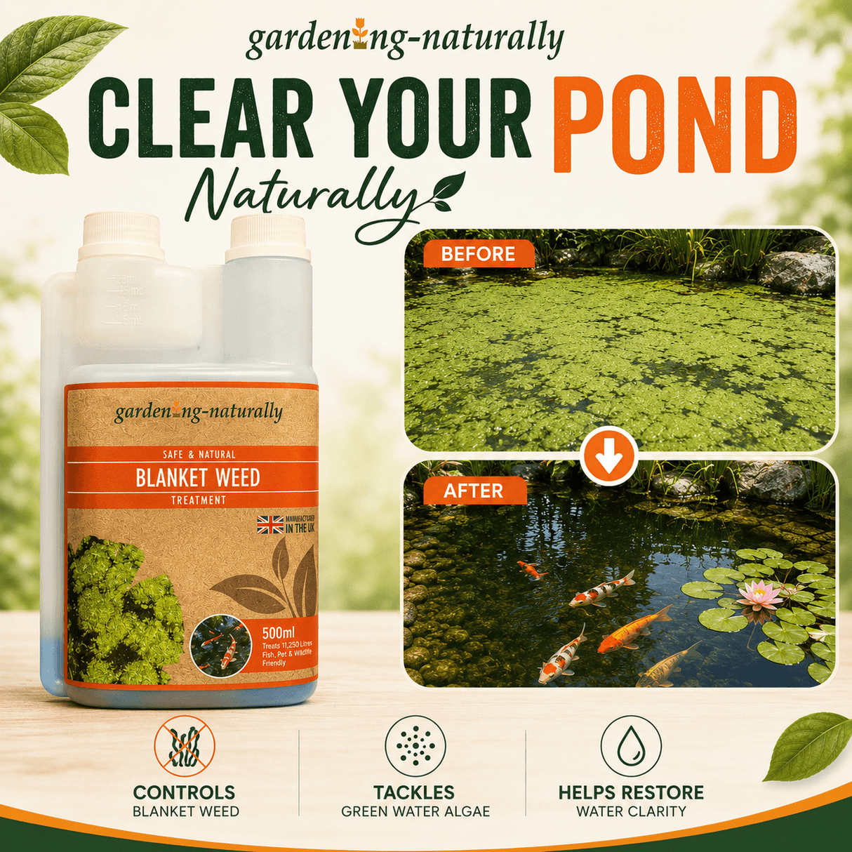 Blanket Weed Pond Treatment bottles shown beside before-and-after pond water clarity results, with text reading 'Clear Your Pond Naturally' and feature icons for controlling blanket weed, tackling green water algae, and helping restore water clarity.