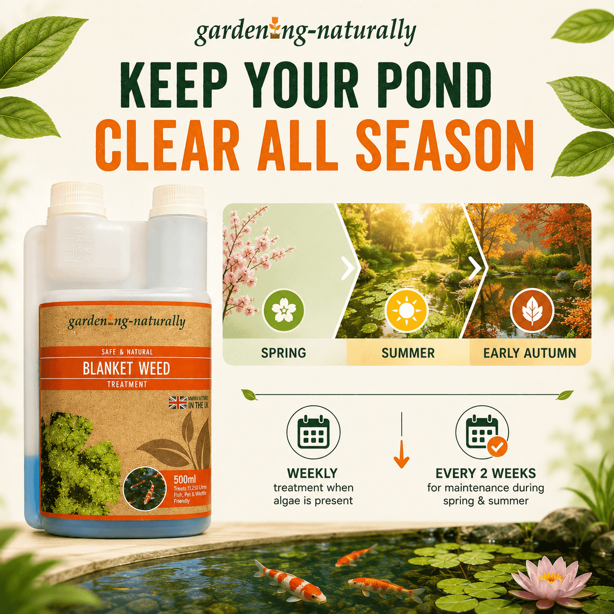 Gardening-naturally Blanket Weed treatment bottle shown beside a pond scene with koi fish, lily pads, and a pink water lily. Large text reads 'KEEP YOUR POND CLEAR ALL SEASON' with seasonal pond imagery and treatment frequency callouts.