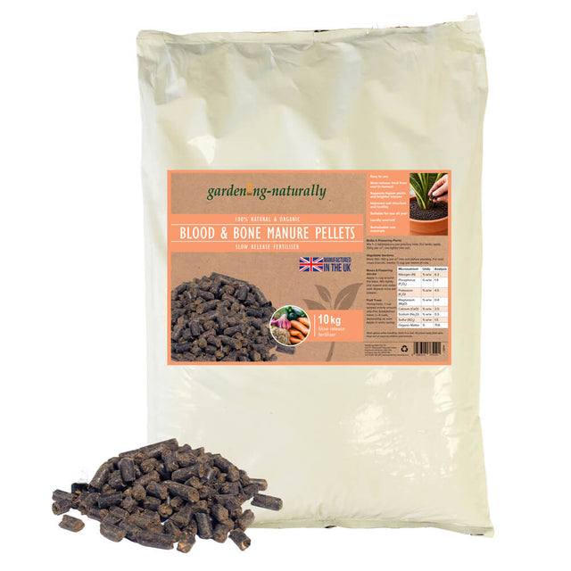Bag of garden naturally blood and bone manure pellets with packaging on a white background