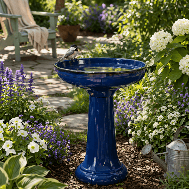 Blue bird bath in a garden with flowers and a chair in the background