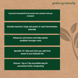 Bokashi composting instructions on a brown background with 'garden.ng.naturally' branding.
