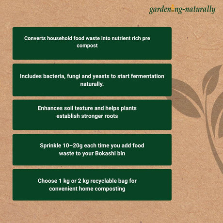 Bokashi composting instructions on a brown background with 'garden.ng.naturally' branding.